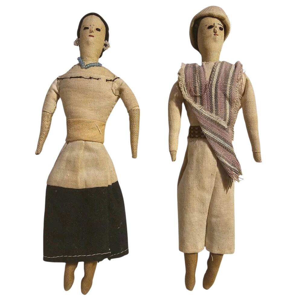 Dolls Cloth Folk Art Male Female Vintage Mexico Italy 7" Seed Bead Jewelry